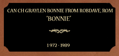 Plaque for Can CH Graylen Bonnie from Robdave ROM, “Bonnie”, 1972 - 1989